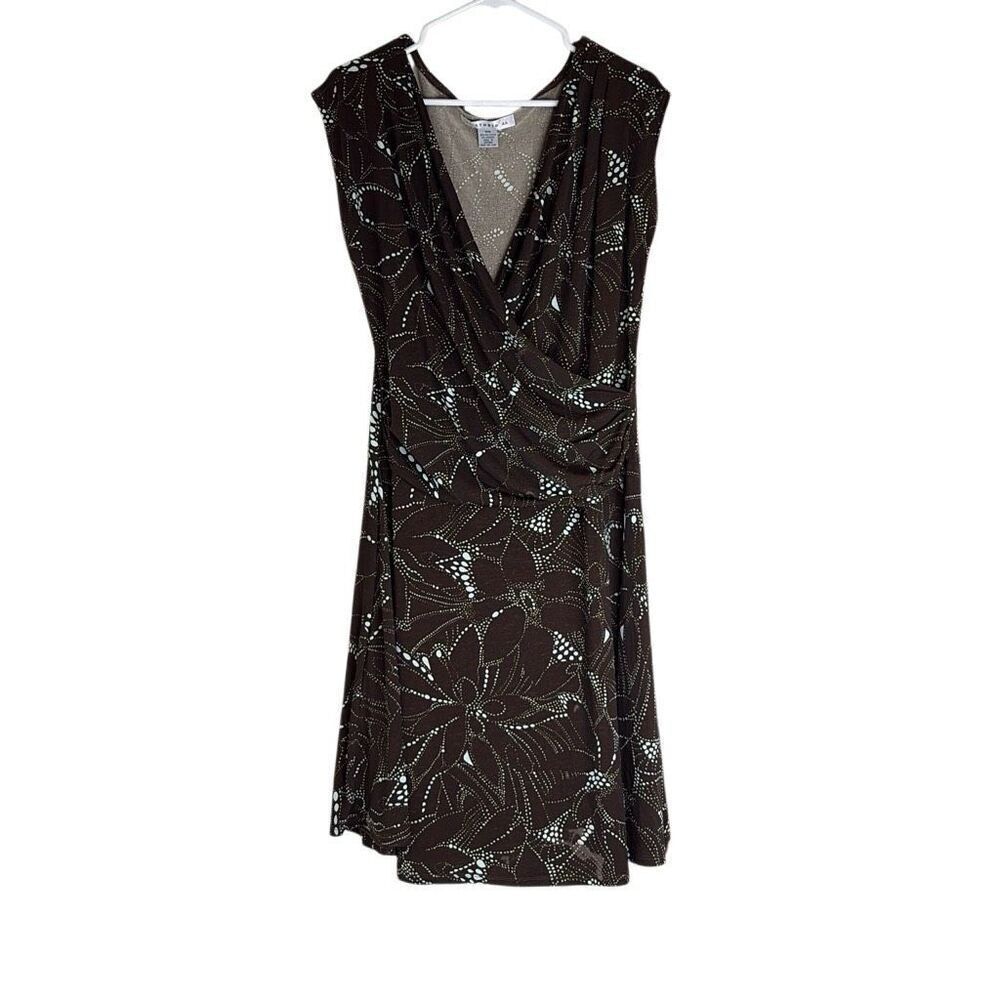 AA Studio AA 18W Brown Green Floral Print Side Ruched Faux Wrap Front Dress